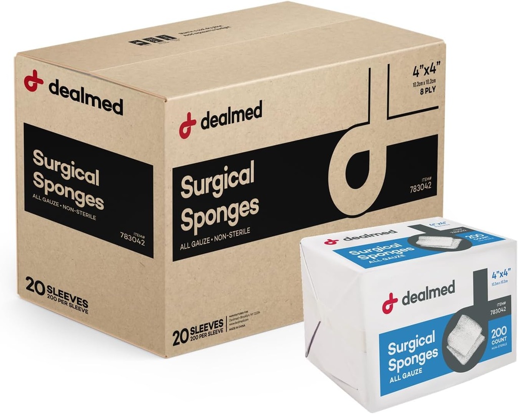 Dealed 4 "x 4" Kirurgiske Svampe, 8-Ply, Non- vævet Absorbent Gauze Sponges til Sårpleje, Førstehjælp Kits og Medicinske Faciliteter, 200 Greve (sag af 20)
