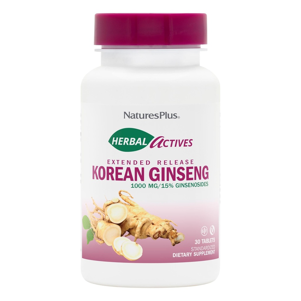 NaturesPlus Herbal Actives Koreansk Ginseng, Extended Release - 1000 mg, 30 Veganske tabletter - Adaptogen Herbal Supplement, Antioxidant - Vegetar, Gluten- Free - 30 Servere