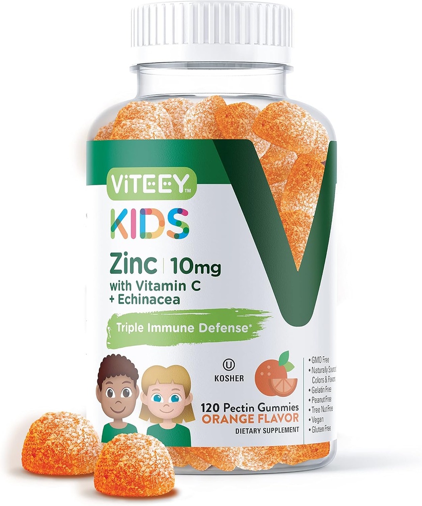 Viteey Zink til børn Gummies 10mg, med C-vitamin & Echinacea - immunforsvar, kraftfuld Natural Antioxidant, Kids Zink Vitamin Supplement - Vegan, Gelatine Free - Tasty Chewable Orange Flavor Gummy