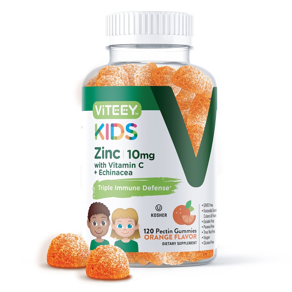 Viteey Zink til børn Gummies 10mg, med C-vitamin & Echinacea - immunforsvar, kraftfuld Natural Antioxidant, Kids Zink Vitamin Supplement - Vegan, Gelatine Free - Tasty Chewable Orange Flavor Gummy