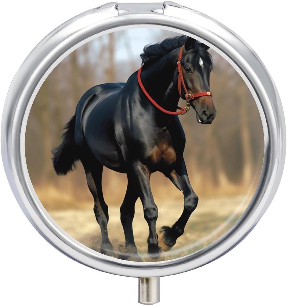 Pill Box 3 Segment Round Pill Organizer Lille Pill Case for Travel Horse på græsplæne Daglig Metal Pill Container Portable Medicine Organizer for Vitaminer Supplement Purse Pocket