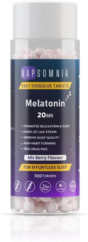Melatonin Fast Opløs Tablets - Mix Berry Chewable Melatonin Tablets - Non-Habitat-Forming Melatonin Sleep Aid til voksne - Sugar Free Melatonin Tablets for Restainful Sleep