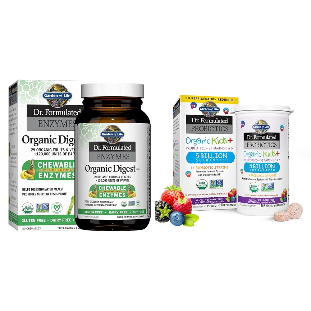 Livets have Dr. Formulerede fordøjelsesenzymer med papain, bromelain & Dr. Formulerede probiotika Organic Kids + Plus Vitamin C & D - Berry Cherry
