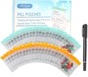 Serfeymi 48 Pcs Pill Pouch poser til rejse Genanvendelige plastposer 3x3 tommer 12 mil (dobbeltsidet) Gennemsigtig lynlås Pill Pouches til medicin med Slide Lock & Writable Label, 1Pc Marker- Green + Gul