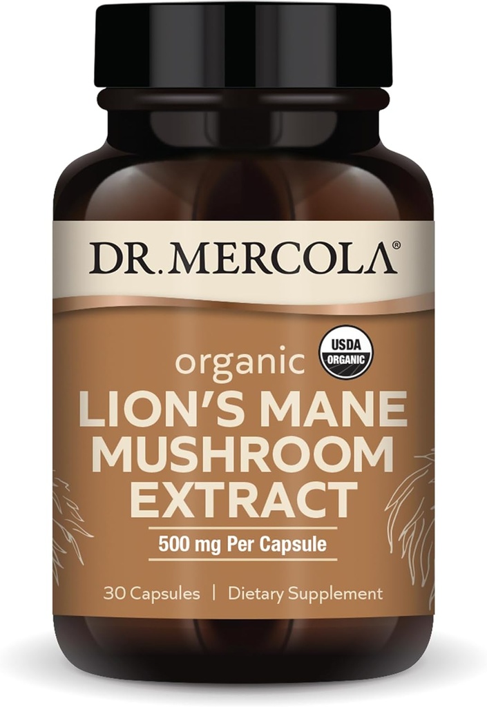Dr. Mercola Organic Lions Mane Mushroom Extract, 30 Capsules 500 mg Organic Lions Mane, Non- GMO, Gluten Free, Soy Free