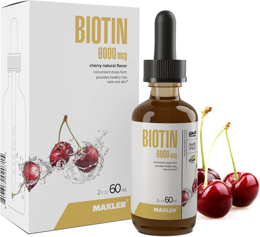 Maxler flydende biotin dråber - Vegan biotin vitaminer til hår hud og negle - Biotin supplement til metabolisering af kulhydrater, proteiner & fedtstoffer - 6000mcg biotin væske Per servering - Cherry Flavor