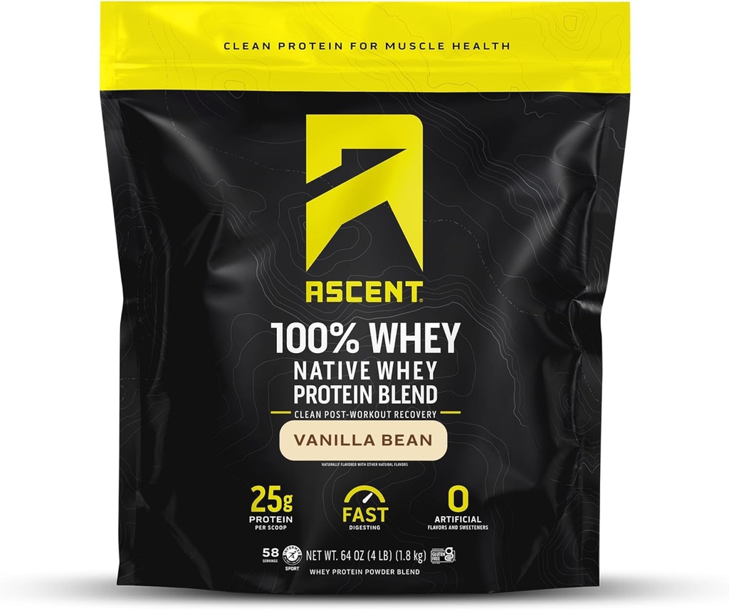 Aduct 100% Whey, Native Whey Protein Blend - Clean Post Workout Recovery, Digesting, Zero Kunstig Artificial Artificial Artists & Sweeteners, Gluten Free, 5.5g BCAA, 2.6g Leucin, Vanilla Bean 4 LB.