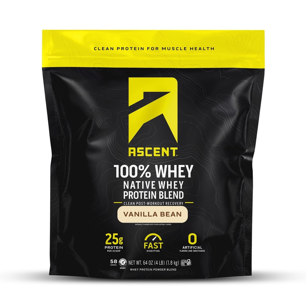 Aduct 100% Whey, Native Whey Protein Blend - Clean Post Workout Recovery, Digesting, Zero Kunstig Artificial Artificial Artists & Sweeteners, Gluten Free, 5.5g BCAA, 2.6g Leucin, Vanilla Bean 4 LB.