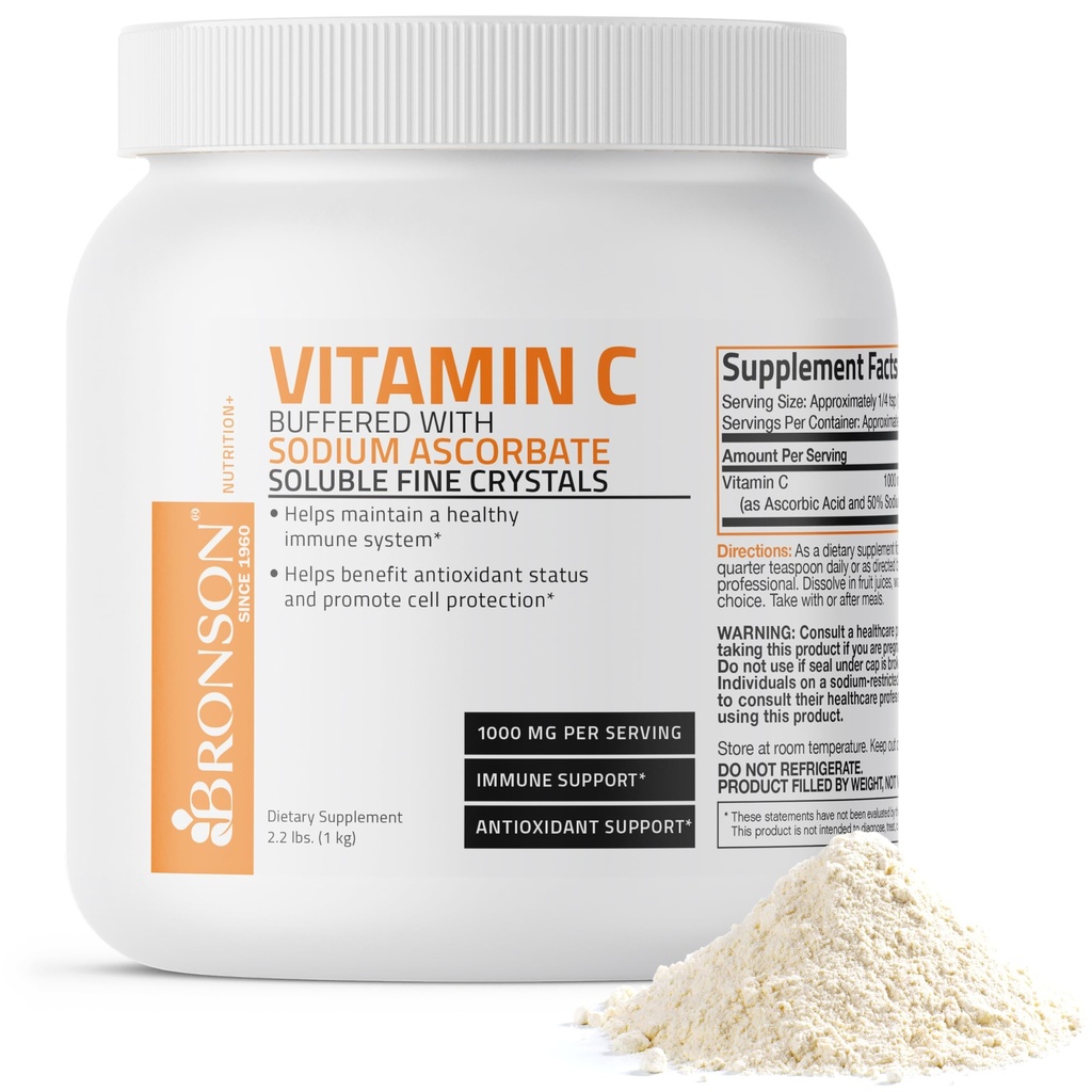 Bronson Buffered C-vitamin Pulver Ascorbinsyre Buffered med natrium Ascorbat Opløselige Fine krystaller - fremmer sund immunsystem og cellebeskyttelse - Kraftfuld antioxidant - 1 kilogram (2,2 Lbs)