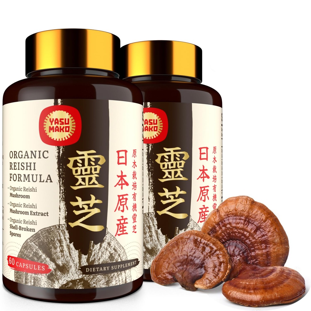 Japansk Reishi Mushroom Supplement 800mg med Reishi Mushroom Extract 500mg & Shell- Broken Spores 200mg, Organic Mushroom Capsules for Immunsystem - Real Fruiting Body (Pack of 2)