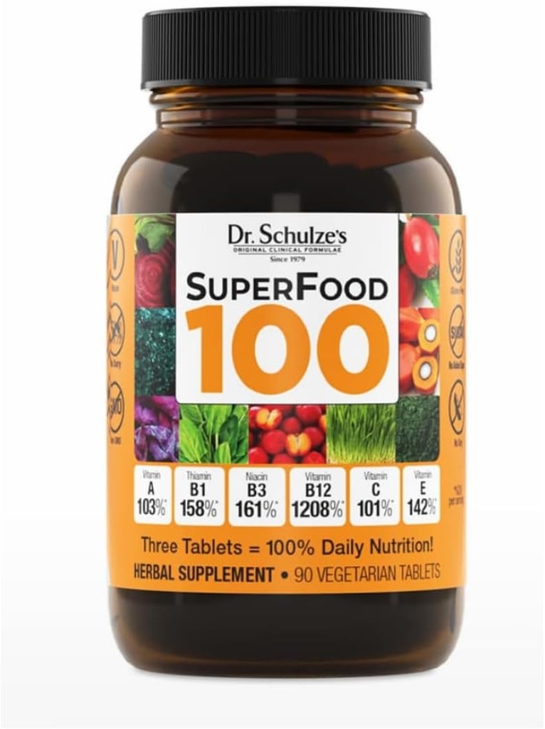 Dr. Schulzes SuperFood 100 - Hver dag Superfood supplement til støtte Samlet Wellness - Mutivitamin Support til cellulær ernæring & energi - Rene ingredienser - Gluten- Free & Dairy- Free - 90 Greve