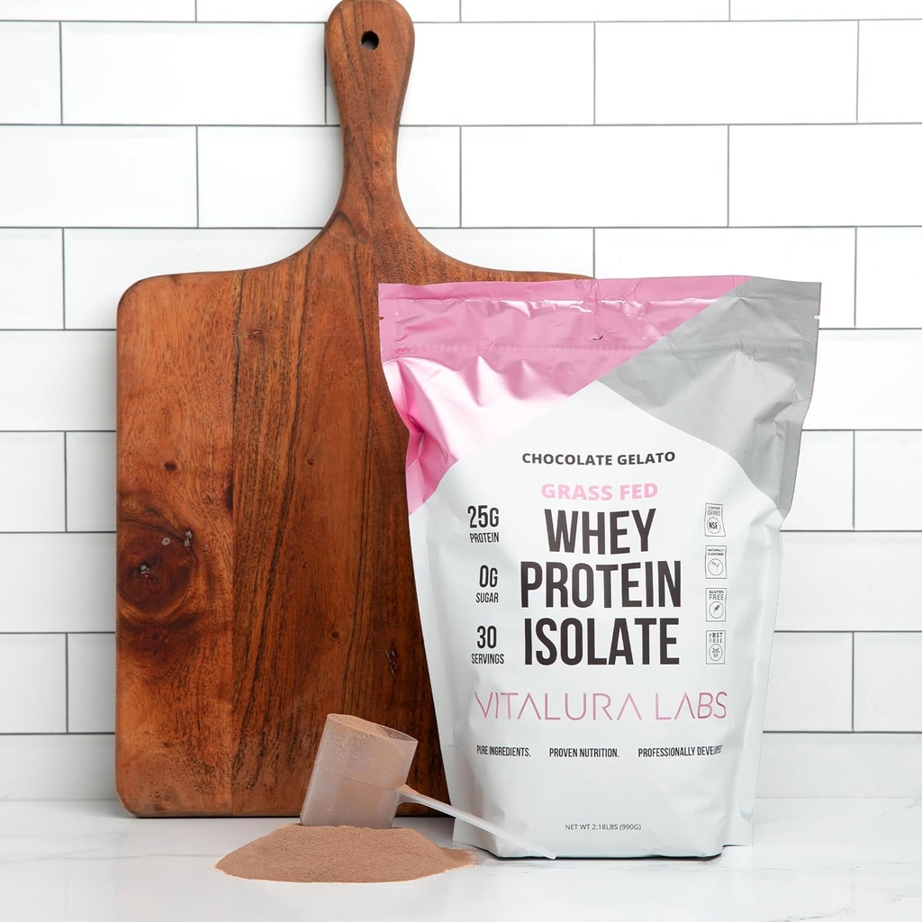 Vitalura Labs Grass- Fed Whey Protein Isolate - Protein 25g (DV 50%) Per Servering - 100% Whey Isolate - NSF Indhold Certificeret - Chokolade Gelato Flavored - Ingen Fillers - Easy Digesting - 30 Servering