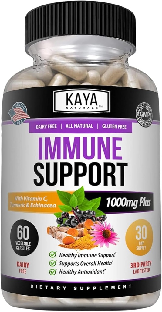 Kaya Naturals Elderberry immunforsvar, Elderberry med zink og C-vitamin til voksne Vitaminer, Probiotika & gurkemeje 1000mg immunsystem Booster Sambucus kapsler - 60 Greve