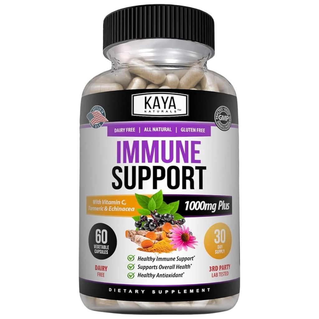 Kaya Naturals Elderberry immunforsvar, Elderberry med zink og C-vitamin til voksne Vitaminer, Probiotika & gurkemeje 1000mg immunsystem Booster Sambucus kapsler - 60 Greve