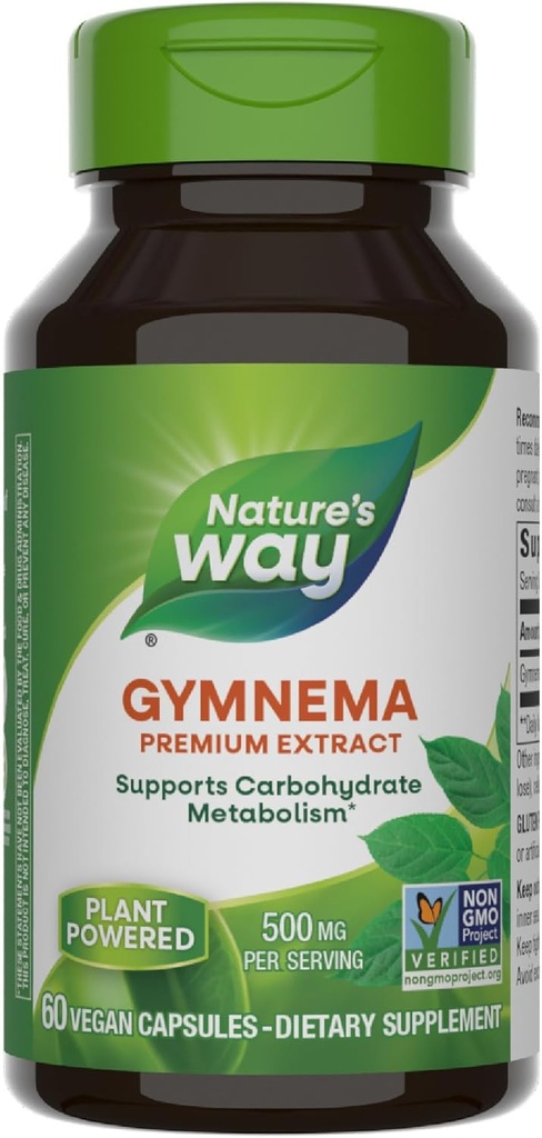 Nature 's Way Gymnema Premium Extract, Understøtter kulhydrat Metabolisme *, 500 mg per servering, Non- GMO Project Verified, 60 Vegan kapsler (Packaging May Vary)