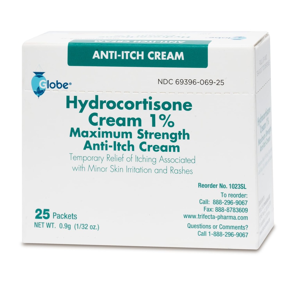 Globe (Box 25 Hydrocortison 1% Maximum Strength Cream, (0.9g Packet) Anti- Itch Cream for Rødme, Hævelse, Kløe, Udslæt, Bug Bides, Eksem, Mere