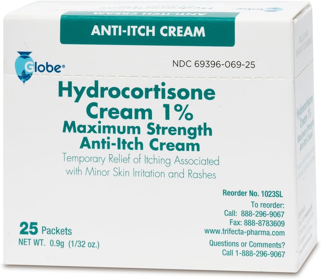 Globe (Box 25 Hydrocortison 1% Maximum Strength Cream, (0.9g Packet) Anti- Itch Cream for Rødme, Hævelse, Kløe, Udslæt, Bug Bides, Eksem, Mere