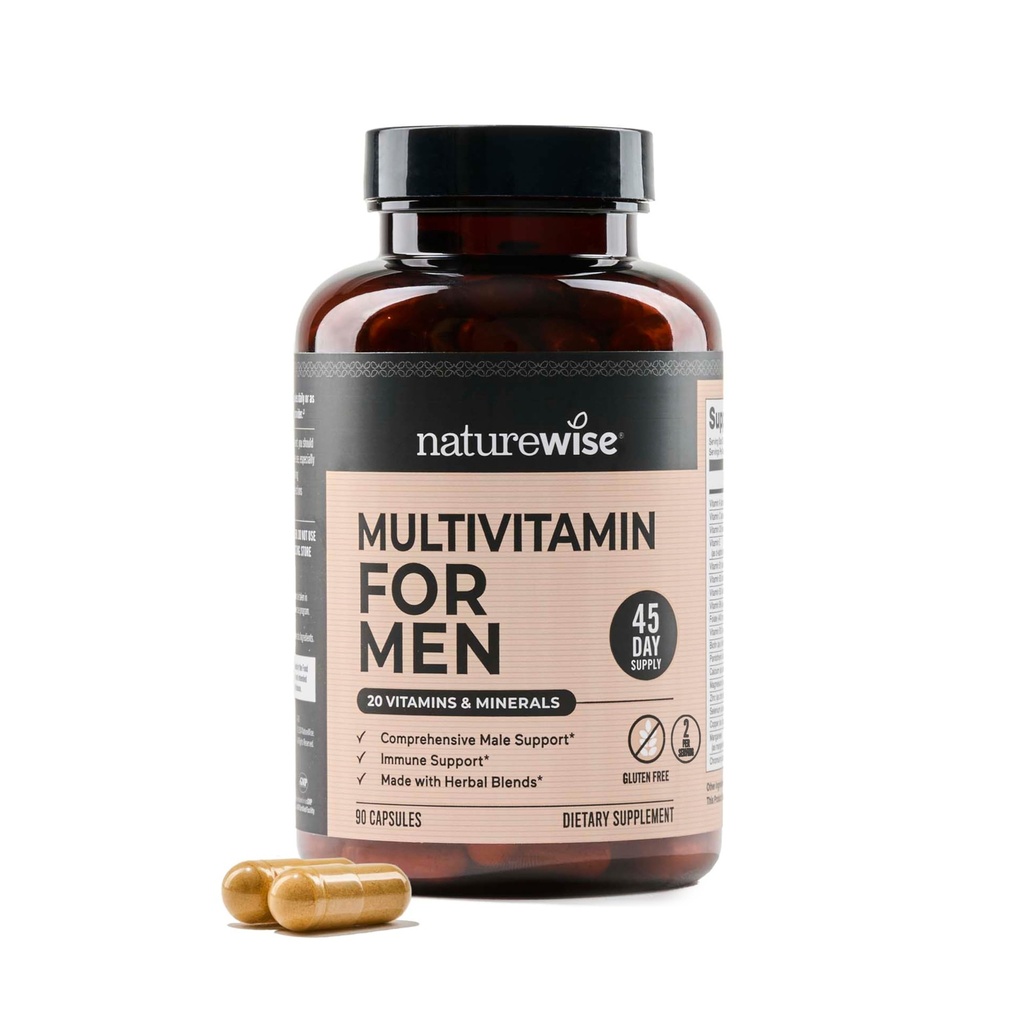 NatureWise Multivitamin til mænd - Daglig mandlige støtte - Mineraler & urter for energi, ydeevne, immunitet - med vitamin A, C, D, B- Complex - Soy & Gluten- Gratis, Non- GMO - 90 kapsler [45-Day Supply]