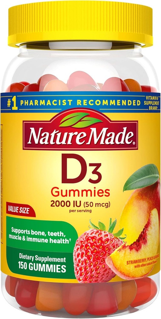 Nature Made Vitamin D3, 150 Gummies, D-vitamin 2000 IE (50 mcg), D-vitamin Gummies For voksne hjælper støtte immunforsvar, stærke knogler og tænder, & Muskelfunktion, 250% af daglig værdi for D-vitamin