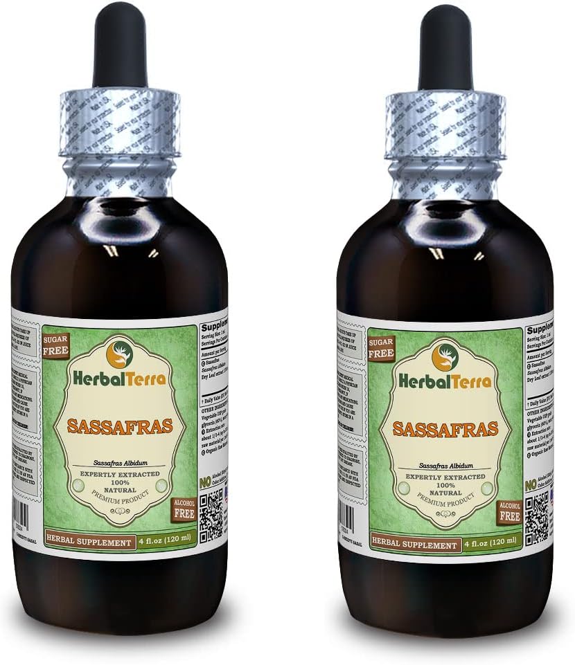 Organic Sassafras (Sassafras Albidum) Glycerit, Tørrede blade Alkohol- Free Liquid Extract (Brand Name: HerbalTerra, Stolt Made in USA) 2x4 fl.oz (2x120 ml)
