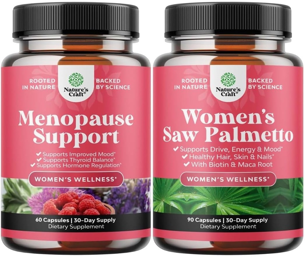 Bundle af menopause supplement til natten sweats, Hot Flashs & Mood Swings med Dong Quai, Chaste Berry & Black Cohosh Root og Saw Palmetto til kvinder 500mg DHT Blocker med Maca Root & Biotin