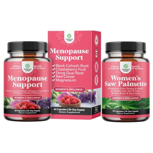 Bundle af menopause supplement til natten sweats, Hot Flashs & Mood Swings med Dong Quai, Chaste Berry & Black Cohosh Root og Saw Palmetto til kvinder 500mg DHT Blocker med Maca Root & Biotin