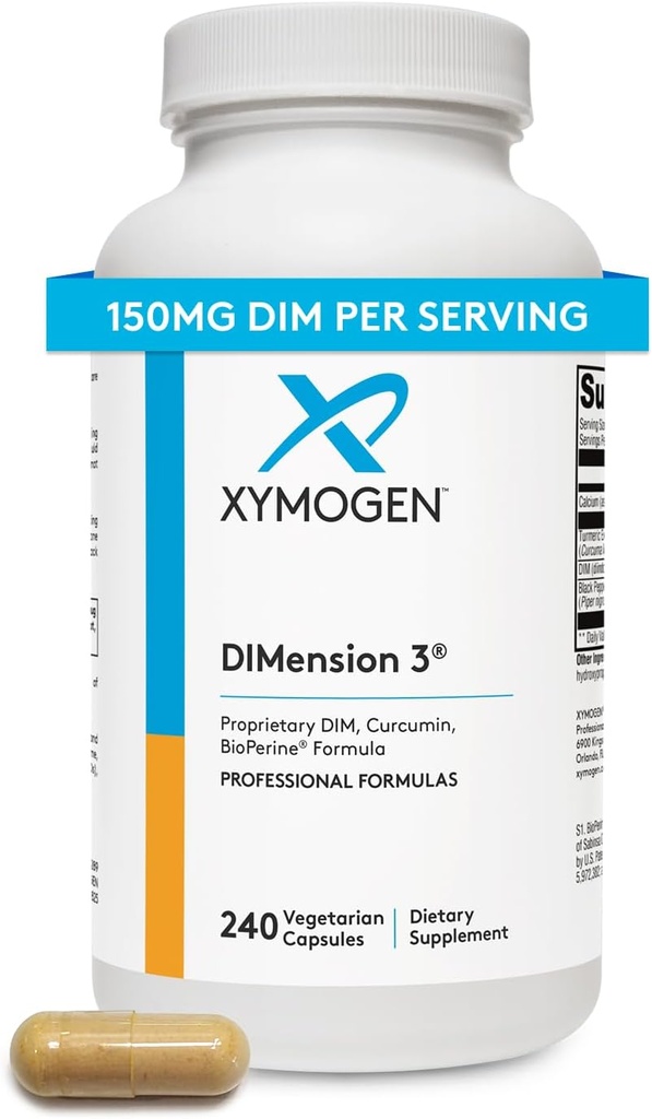 XYMOGEN Dimension 3 - Diindolylmethan DIM supplement med Curcumin + BioPerine - understøtter sund østrogen Detox, Hormonal balance for kvinder og mænd - overgangsalder Relief + PMS support (240 kapsler)