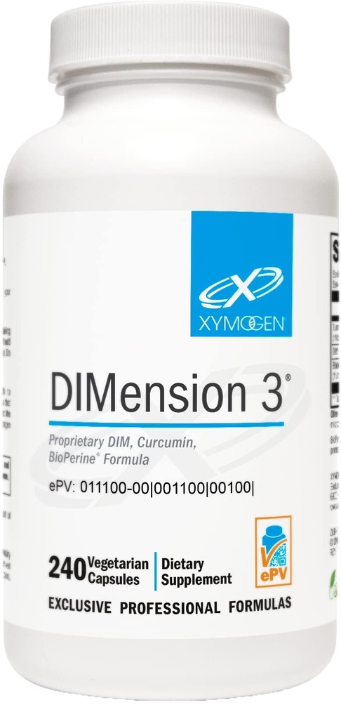 XYMOGEN Dimension 3 - Diindolylmethan DIM supplement med Curcumin + BioPerine - understøtter sund østrogen Detox, Hormonal balance for kvinder og mænd - overgangsalder Relief + PMS support (240 kapsler)