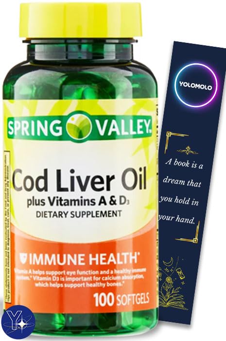 Torsk Lever Olie Plus Vitaminer A & D3 Immunsundhed Kosttilskud Softgels Spring Valley, 100 Grev og bogmærke gave YOLOMOLO