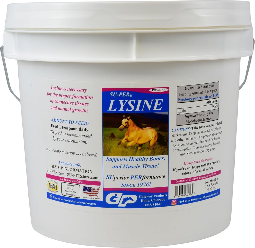 SU- PER Lysin supplement til heste - understøtter sunde knogler og muskelvæv - Equine Essential Aminosyre - 12,5 Pund, 47 Måned Supply