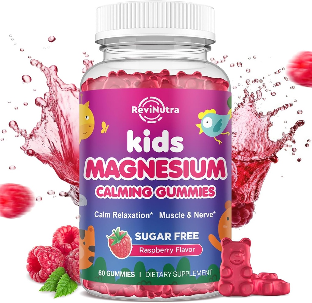 Kids Magnesium Gummier, Magnesium Glycinat Gummier for børn og voksne med L-Theanin, Kamille, Lakrids, D-vitamin, B6 for søvn, afslapning, hjerne & muskel, sukker fri Hindbær 60ct