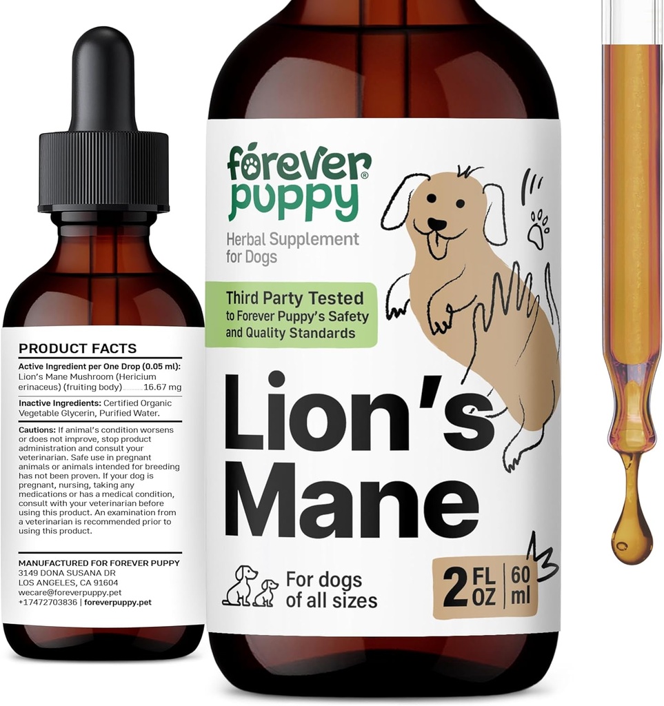 Forever Puppy Lions Mane Mushroom Supplement for Dogs - Brain & Focus Support - Liquid Lion's Mane Mushroom for Dogs - Canine Vitamins and Supplements - Sugar & Alcohol-Free Drops - 2 fl oz