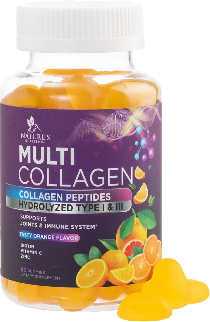 Collagen Peptider Gummies med 2500 mcg biotin - Hydrolyzed Protein Type I & III Multi Collagen tillæg med C-vitamin & zink - Støtte til hår, hud, negle, Tasty Orange Flavor - 60 Gummies