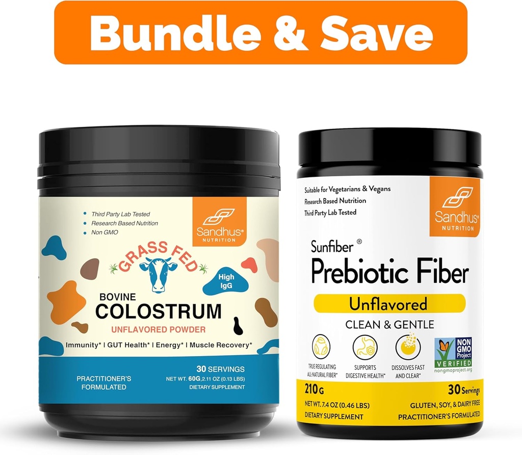 Sandhu 's Pure Bovine Colostrum Powder supplement til mennesker 30 Servering & Prebiotic Fiber supplement pulver Budd124; Understøtter immunforsvar, Gut, fordøjelsesbesvær og kolon sundhed