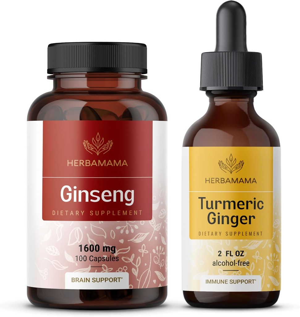 HERBAMAMA Korean Red Ginseng and Turmeric Ginger Kit - Bundle of Korean Panax Ginseng Capsules & Turmeric Ginger Liquid Drops - Vegan, Non-GMO, Sugar & Alcohol-Free - 2 Pack