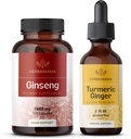 HERBAMAMA Koreansk Rød Ginseng og gurkemeje - Bundle af koreansk Panax Ginseng Kapsler & gurkemeje Ginkemeje Flydende Drops - Vegan, Non- GMO, Sukker & Alkohol- Free - 2 Pack