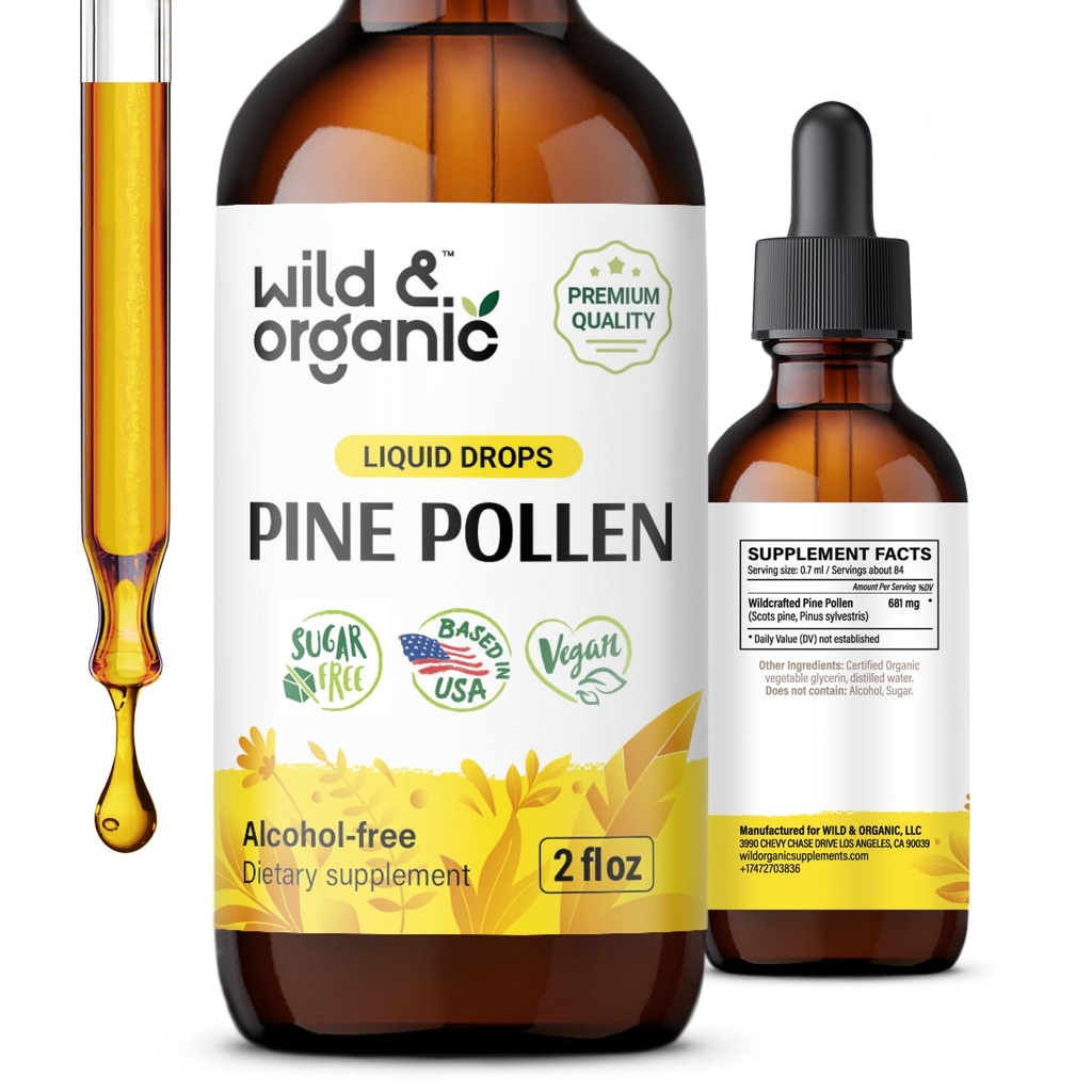 Wild & Organic Pine Pollen Tinktur - Antioxidant & immunforsvar - Pine Pollen Extract Drops - Vegan, Sukker & Alkohol- Free Liquid Supplement - 2 fl oz