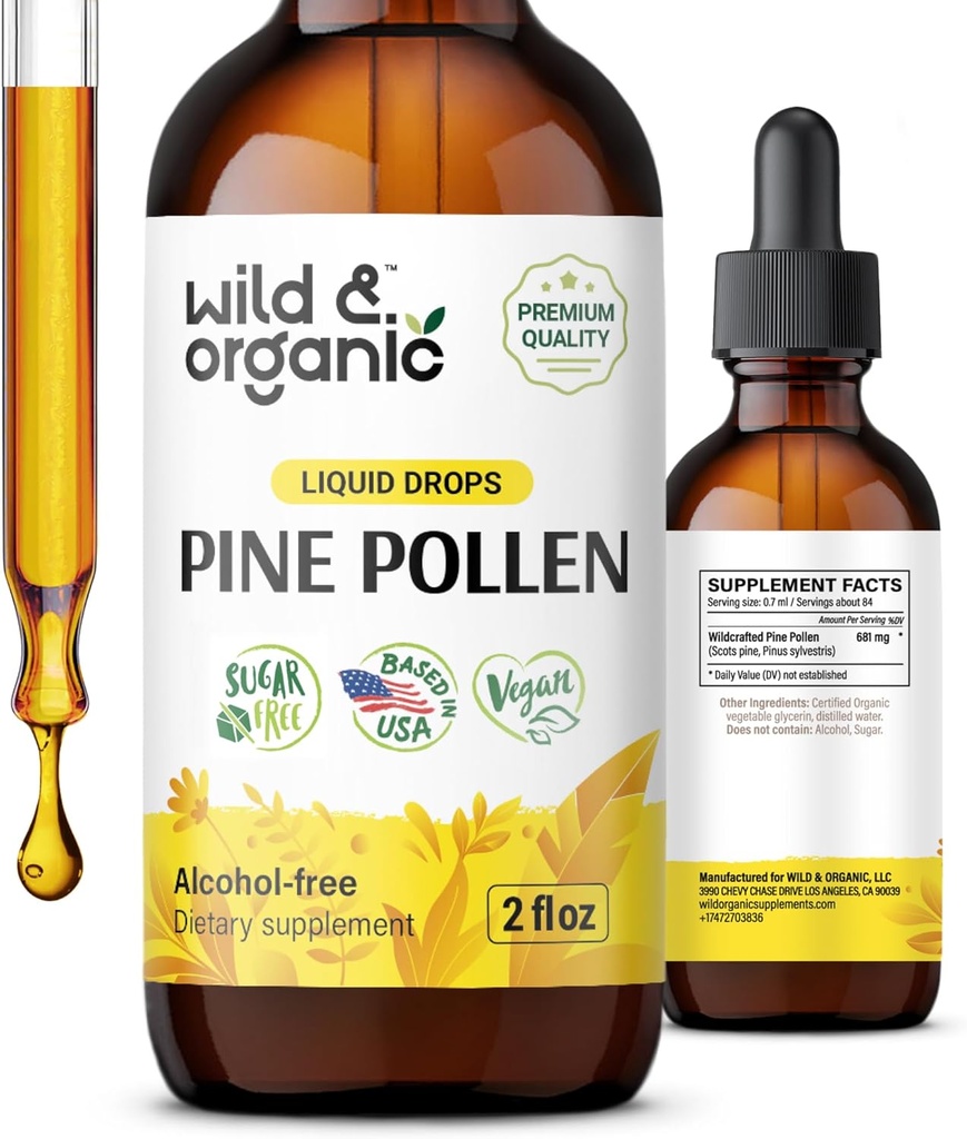 Wild & Organic Pine Pollen Tinktur - Antioxidant & immunforsvar - Pine Pollen Extract Drops - Vegan, Sukker & Alkohol- Free Liquid Supplement - 2 fl oz