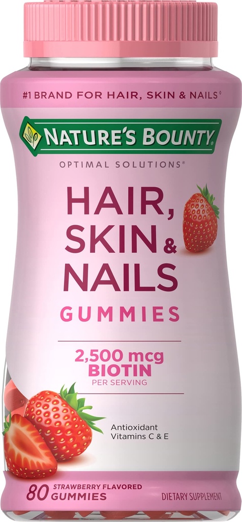 Naturens Bounty Optimal Solutions Hår, Hud & Nails Vitamin Gummier med Biotin, 2500 mcg, Jordbær, 80 Greve, 40 Total Servering
