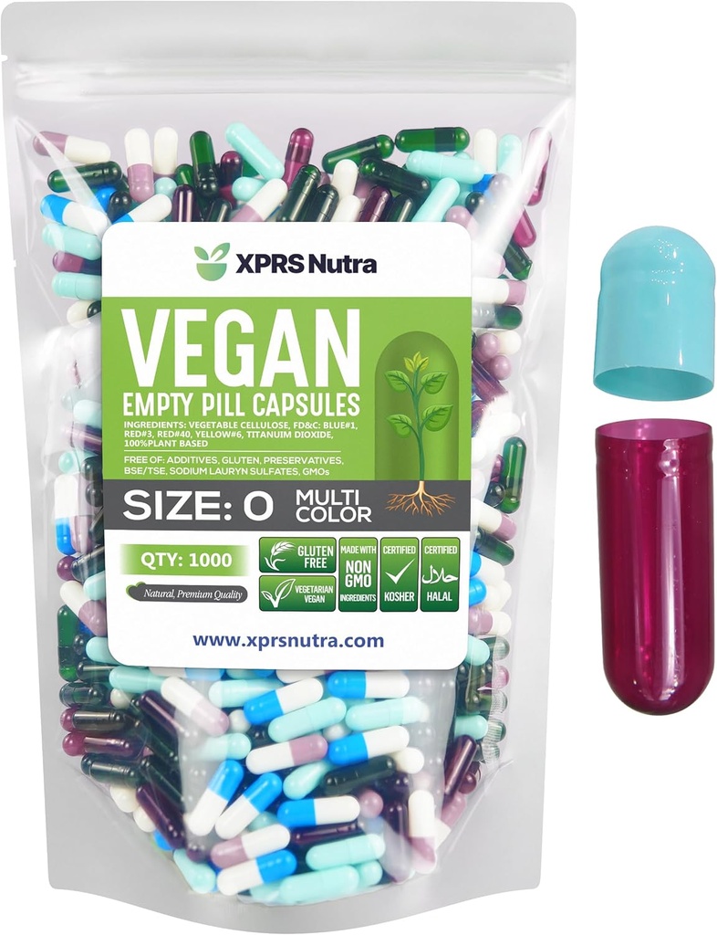 XPRS Nutra Størrelse 0 Tomme kapsler - 1000 Tomme Veganske kapsler - Vegetariske søjler - DIY Vegetabilske kapsler Filling- Veggie Pill Caps til Do- It- Yourself Kosttilskud (Multi Color)