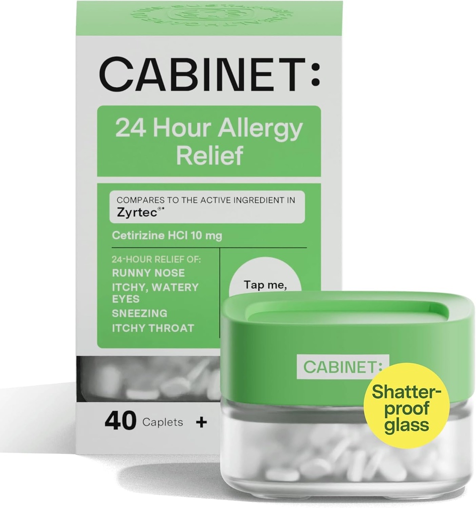 Cabinet: All Day Allergy Relief Cetirizine 10mg for Non-Drowsy Relief from Common Allergy Symptoms (Refillable Glass Jar)