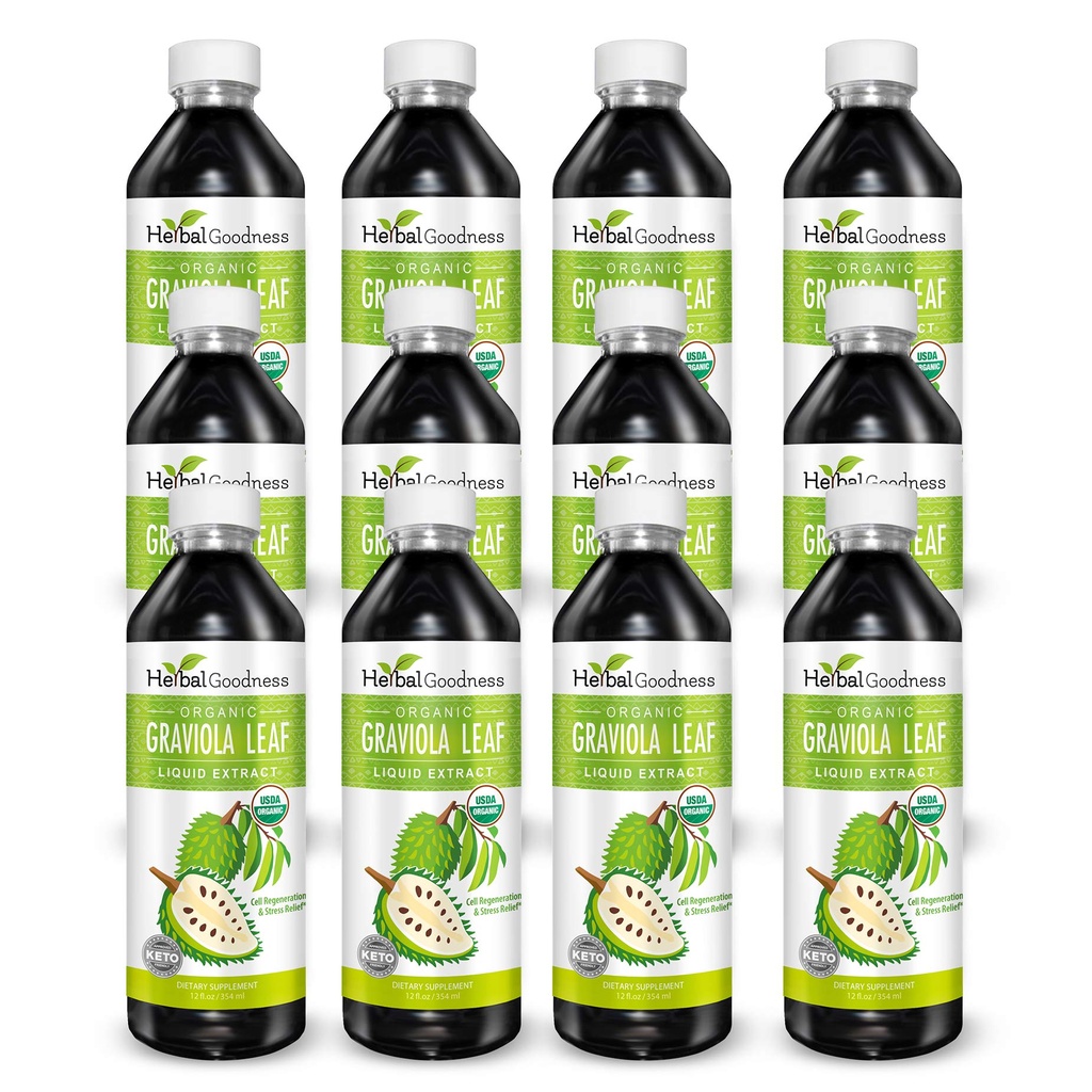 Herbal Goodness Graviola Leaf Extract 15X Styrke - Soursop (Guanabana) Blade flydende USDA Organic Non- GMO Kosher Cell Support & Regeneration & Stress Relief immunboost 12 (12oz) btls