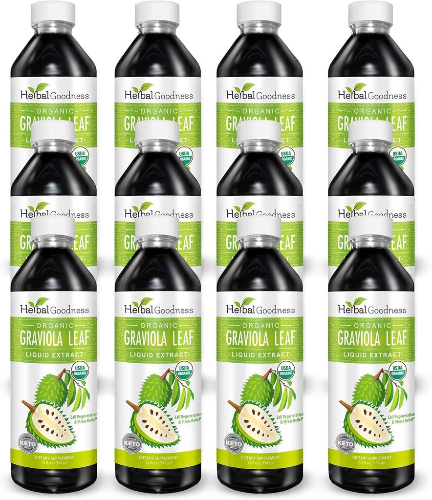 Herbal Goodness Graviola Leaf Extract 15X Styrke - Soursop (Guanabana) Blade flydende USDA Organic Non- GMO Kosher Cell Support & Regeneration & Stress Relief immunboost 12 (12oz) btls