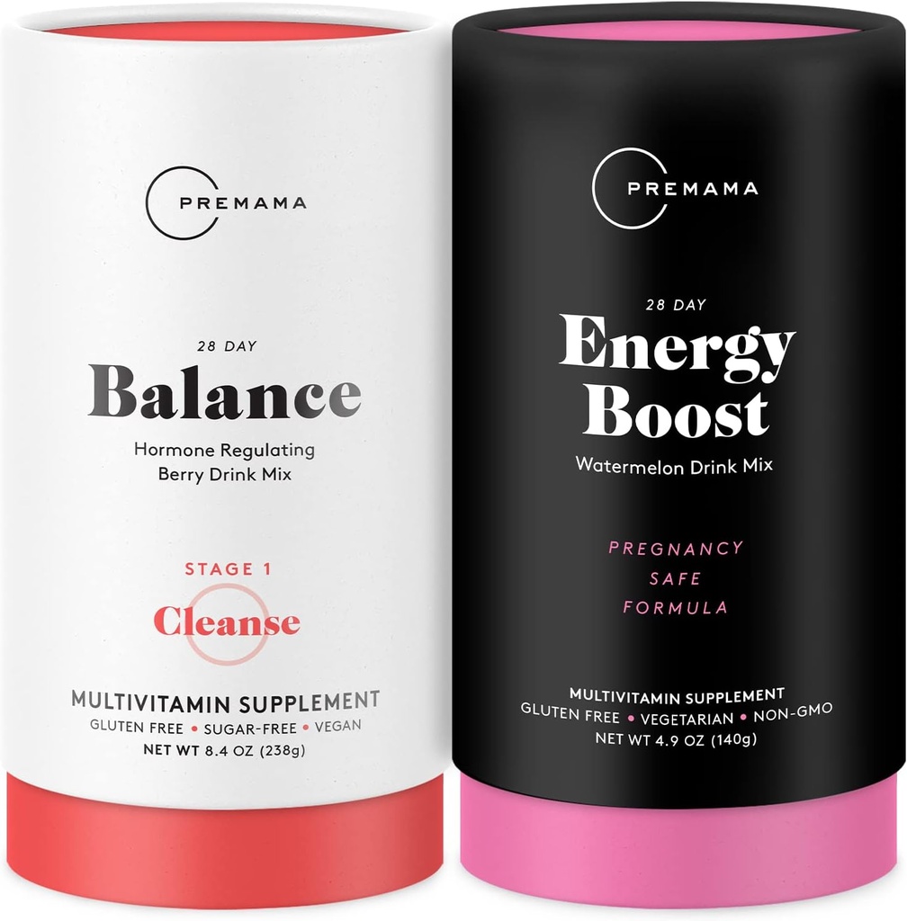 PREMAMA Prenatal Energy Boost & Hormone Balance Drink Mix Bundle, Stim gratis energi til PMS, Menopause, Prenatal, 28 Servering