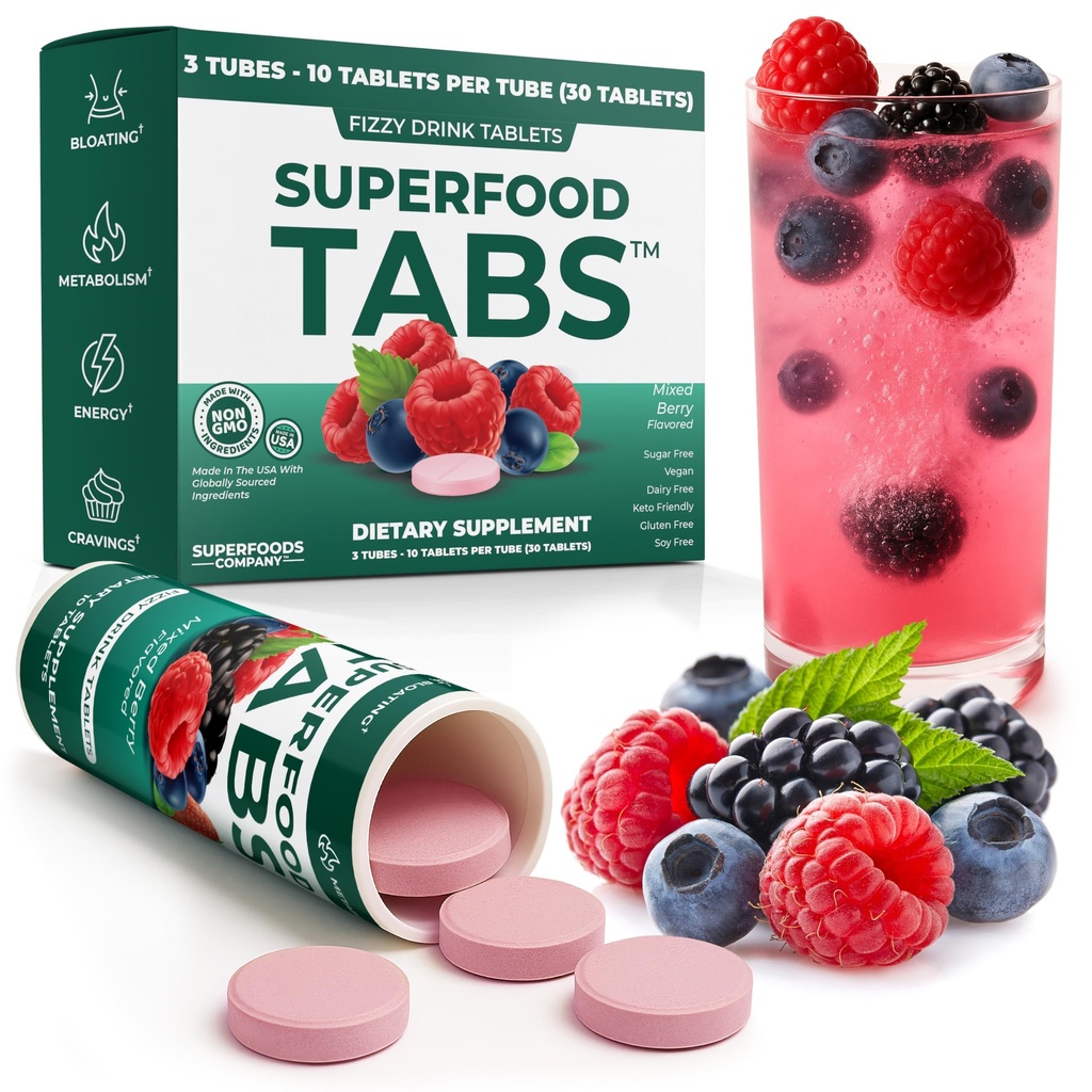 Superfood Tabs Superfood Company Detox Cleanse Drink - Supplement til Kvinder & Mænd - Støtte sund Vægt- Forbedre fordøjelsessygdomme & Bloating Relief - Blandede berry flavor [30 tabletter]