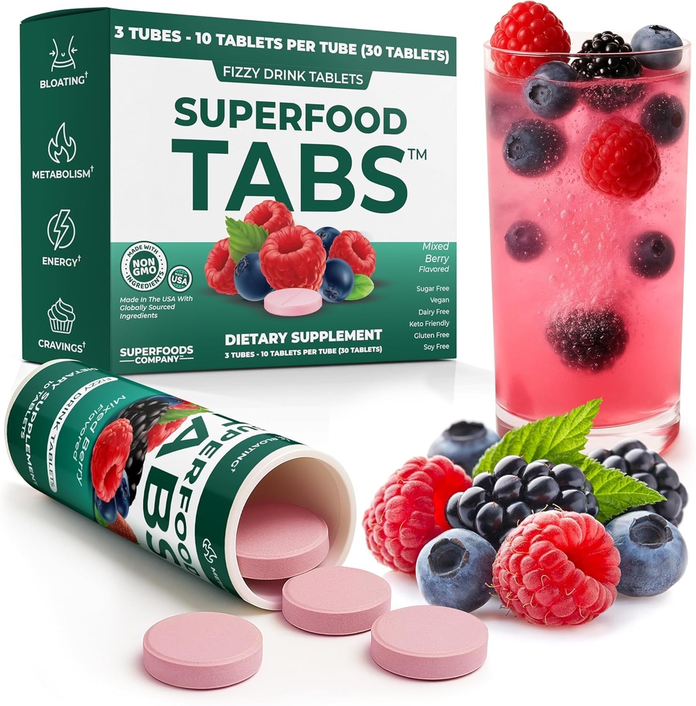 Superfood Tabs Superfood Company Detox Cleanse Drink - Supplement til Kvinder & Mænd - Støtte sund Vægt- Forbedre fordøjelsessygdomme & Bloating Relief - Blandede berry flavor [30 tabletter]