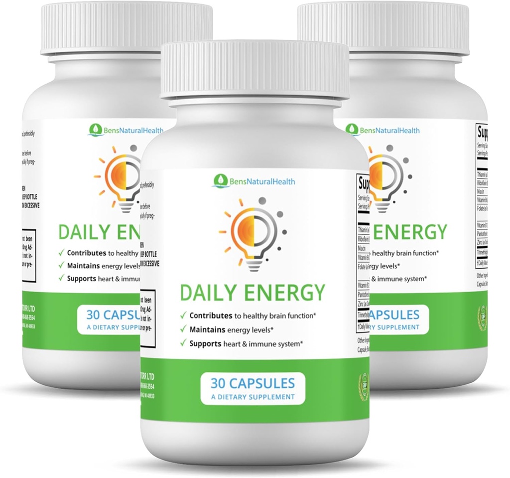 Bens Natural Health Daily Energy B- Vitamin Complex med TMG og Zink til Natural Energy, Stress, Focus & immunsupport, 30 kapsler, 3 pakke