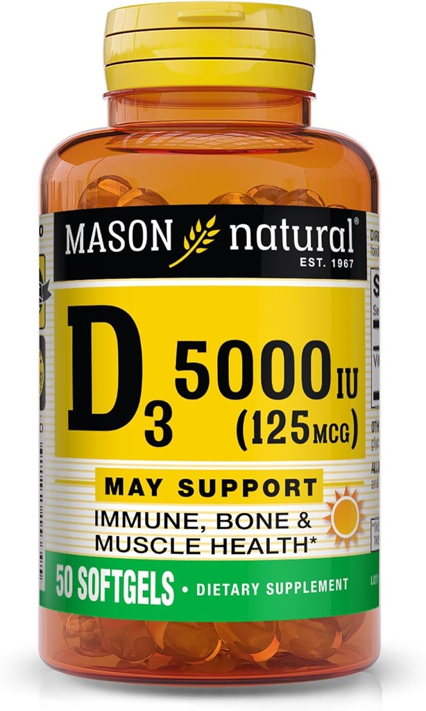 MASON NATURAL Vitamin D3 125 mcg (5000 IE), Supports Bone, Muscle & immun Health, fra Fish Lever Oil, 50 Softgels, Pack of 3