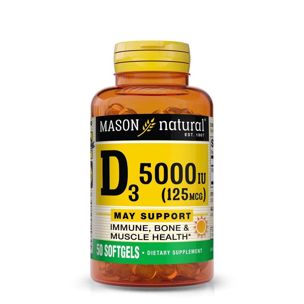 MASON NATURAL Vitamin D3 125 mcg (5000 IU), Supports Bone, Muscle & Immune Health, from Fish Liver Oil, 50 Softgels, Pack of 3