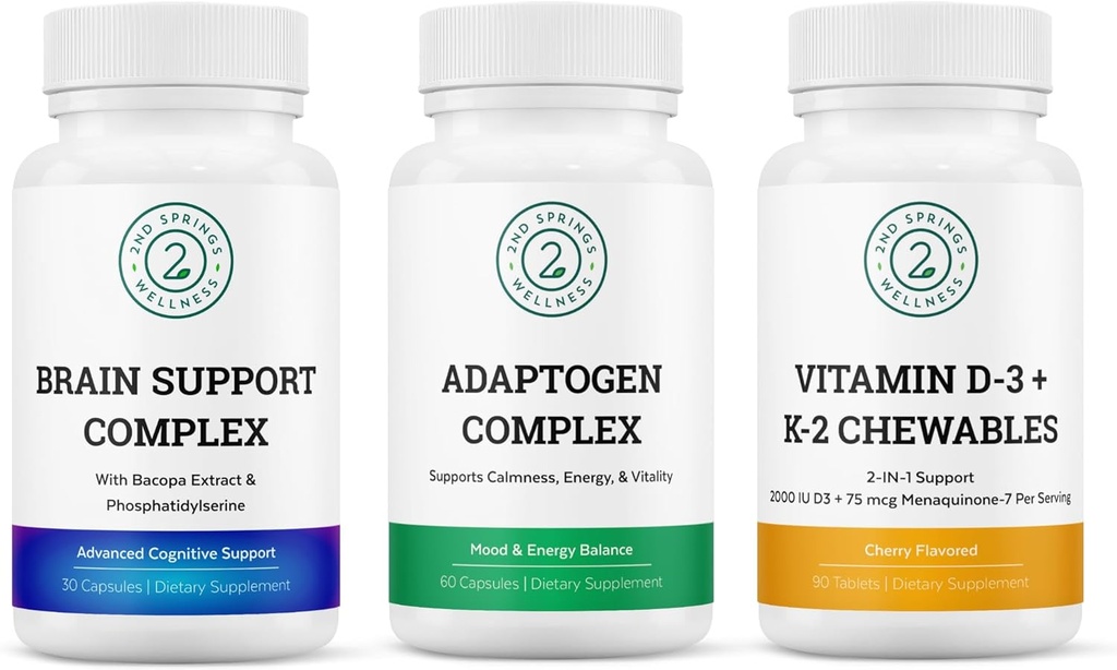 Vitality & Mind Wellness Trio Bundle - Brain Support Complex, Adaptogen Complex, og Vitamin D3 + K2